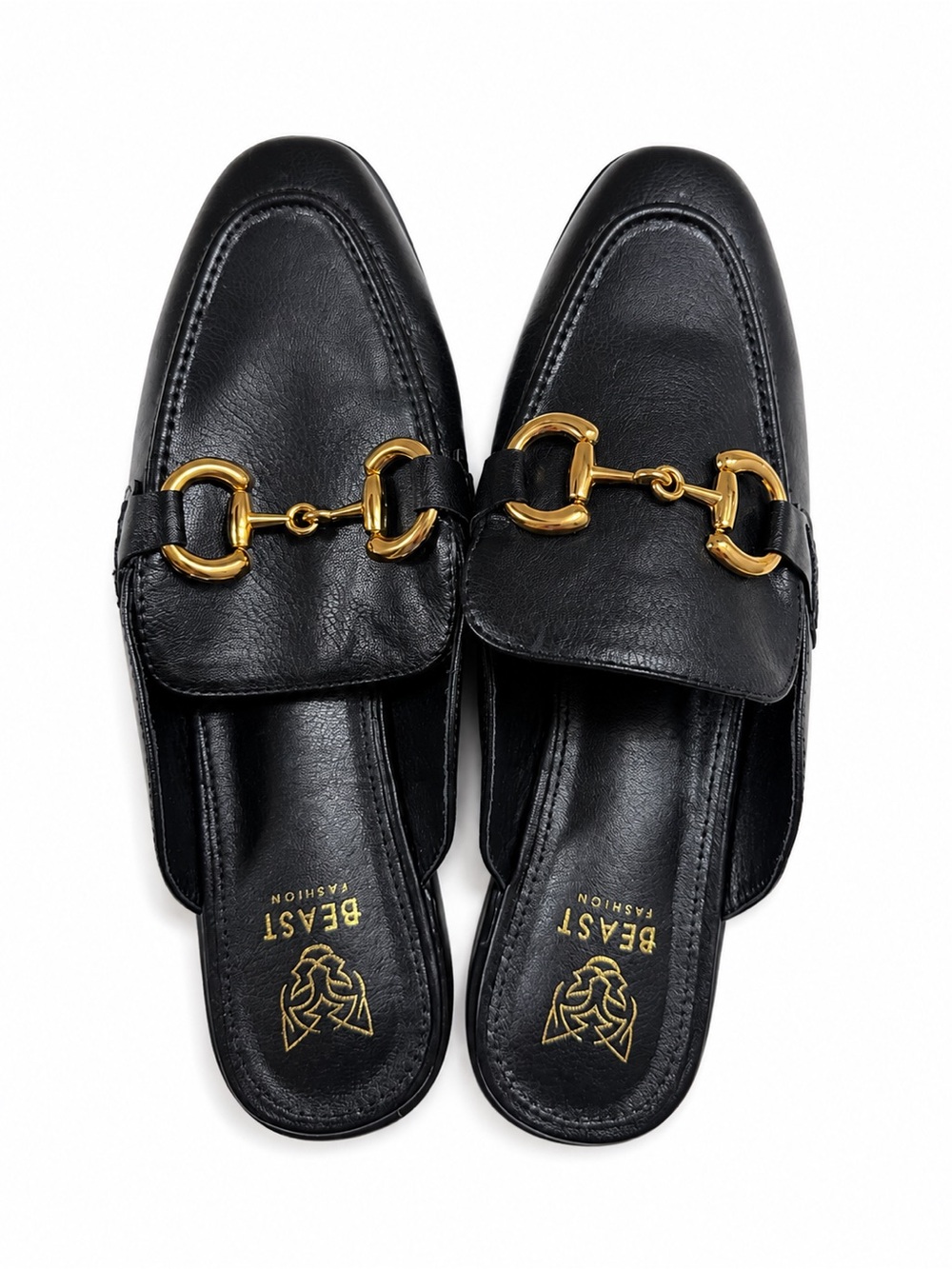 BEAST FASHION Black Leather Mule Slides with Gold Horsebit